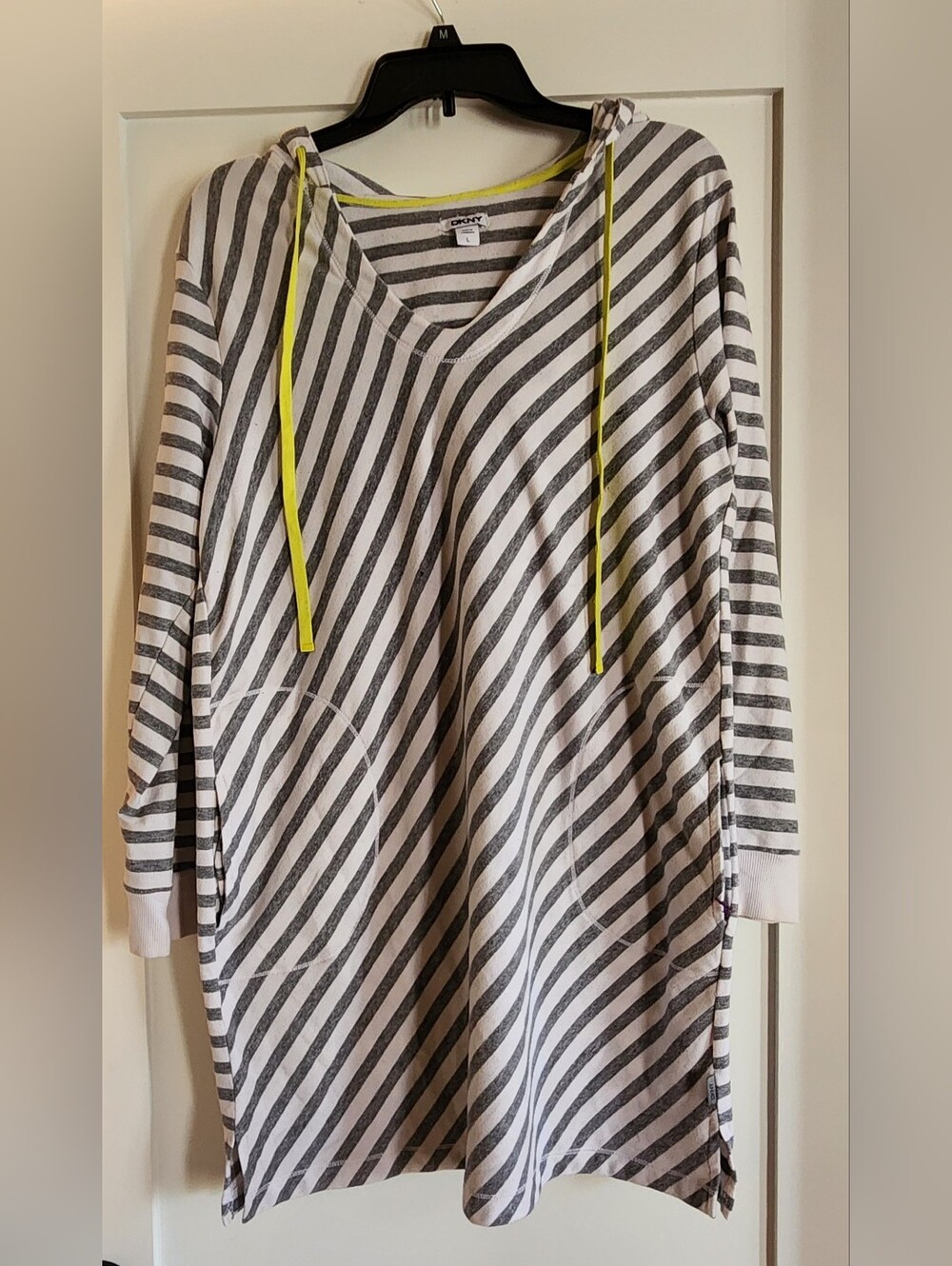 DKNY Striped Hooded Tunic Beach Cover with Neon Drawstrings